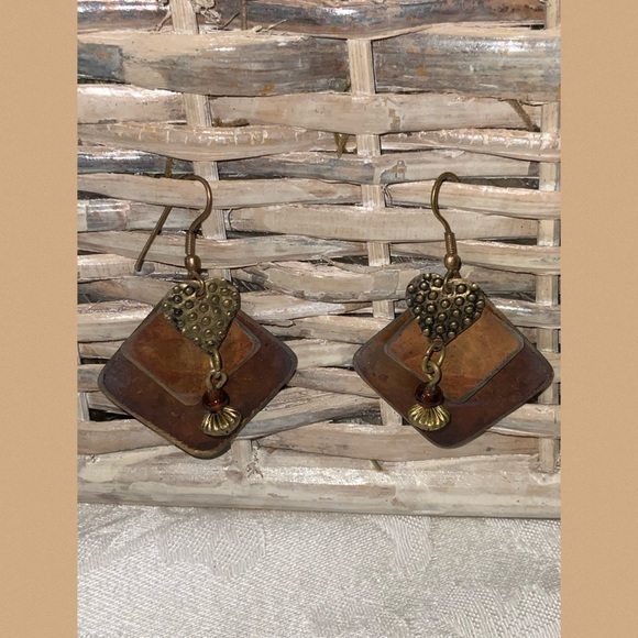 Boho Copper Heart, Bead & Squares 2” Pierced Dangle Earrings - Picture 1 of 4